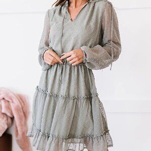Ruffled tulle knee-length dress Solid color casual pullover dress
